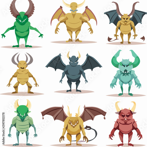 Colorful cartoon demon and monster vector character collection