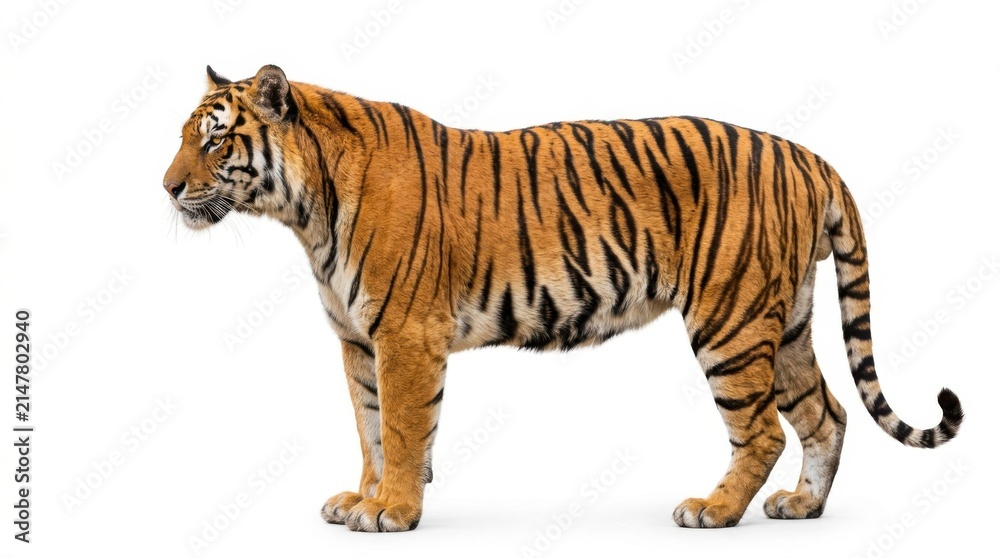 Fototapeta premium Majestic tiger standing in profile isolated on white background