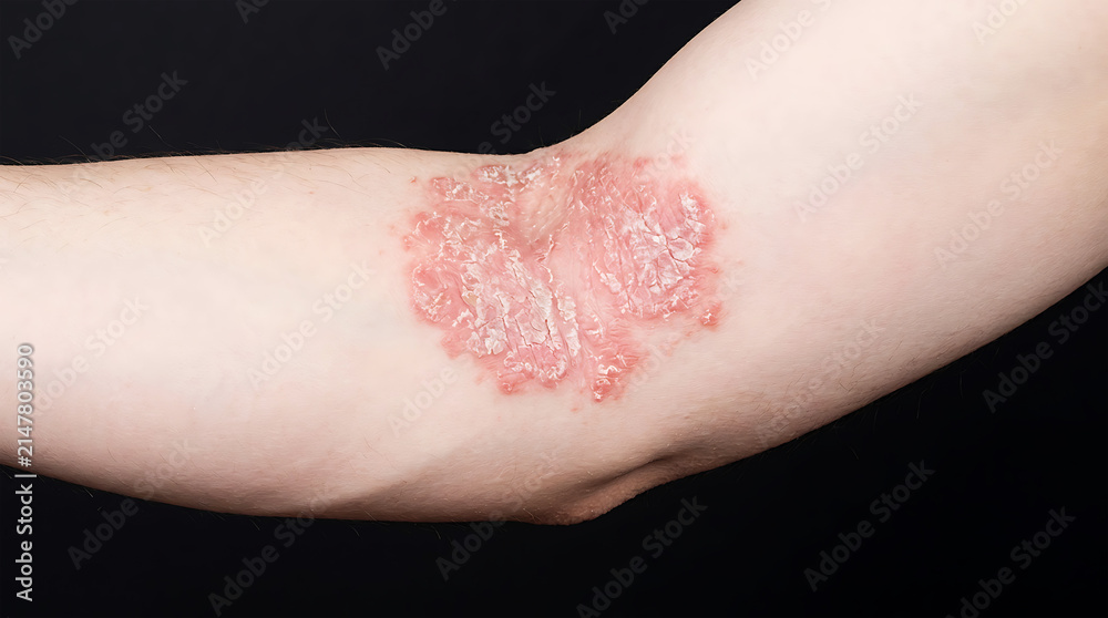 Fototapeta premium Red rash on human elbow skin close-up inflammation