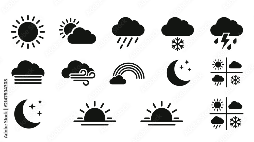 Obraz premium Set of weather forecast icons featuring sun clouds rain snow storm and moon.