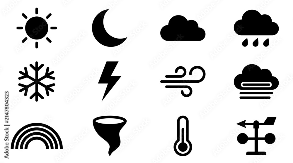 Obraz premium Set of black weather icons for forecast and climate information.