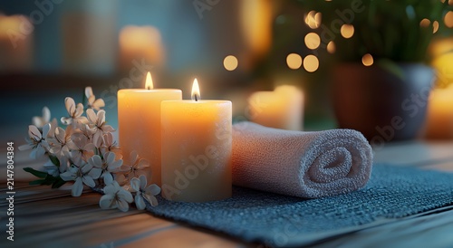Soothing spa atmosphere with floral accents and candle glow photo