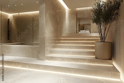Sophisticated bathroom foyer with modern wood cabinet and sink wallpaper