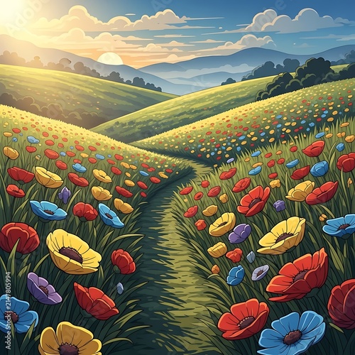 Vibrant digital painting of a path through a flower field at sunset