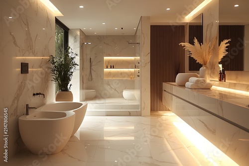 Sophisticated hallway decor with marble textures and soft lighting banner