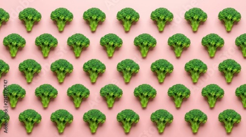 Pattern of green broccoli florets on pink background.