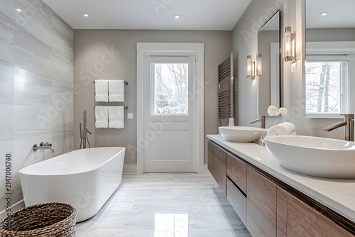 Sophisticated luxury bathroom with natural textures and warm serenity wallpaper