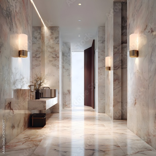 Sophisticated restroom design featuring large illuminated mirror and sink photography
