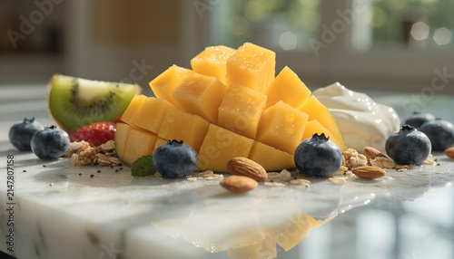 Healthy Breakfast Board with Diced Fresh Mango, Blueberries, Granola, and Greek Yogurt