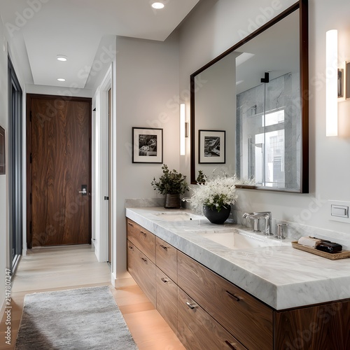 Sophisticated vanity design featuring marble sink and hidden lighting wallpaper