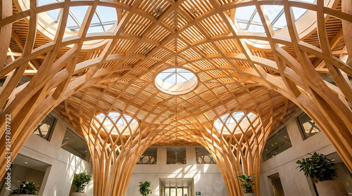 Striking Wooden Architecture: A breathtaking interior showcases intricate wooden latticework supporting a domed ceiling with skylight windows.