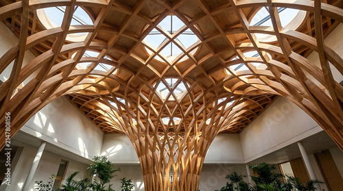 Intricate Wooden Canopy: A stunning interior view of a building featuring a complex, lattice-like wooden ceiling structure, allowing natural light to filter through.