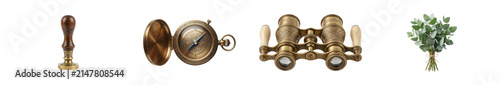 Set of various vintage items for home decor isolated on transparent background.