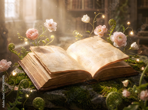 Antique open book glowing with magical flowers and light on mossy stone surface.