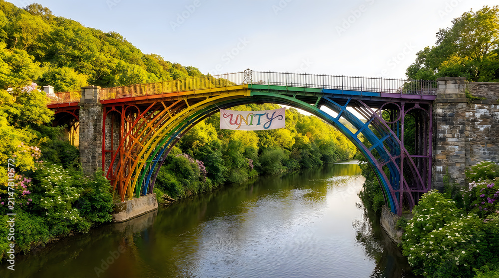 Fototapeta premium Rainbow painted bridge with unity banner spanning river.