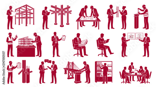 Red silhouette figures of architects and engineers discussing blueprints, building models, and working in the office and construction site