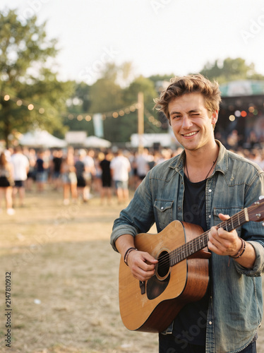 German folk music culture oktoberfest young man playing acoustic guitar at outdoor festival with smiling face
