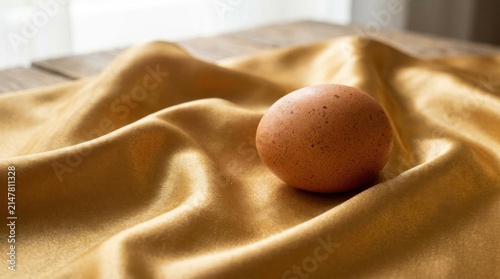 Single brown egg on draped golden fabric background.