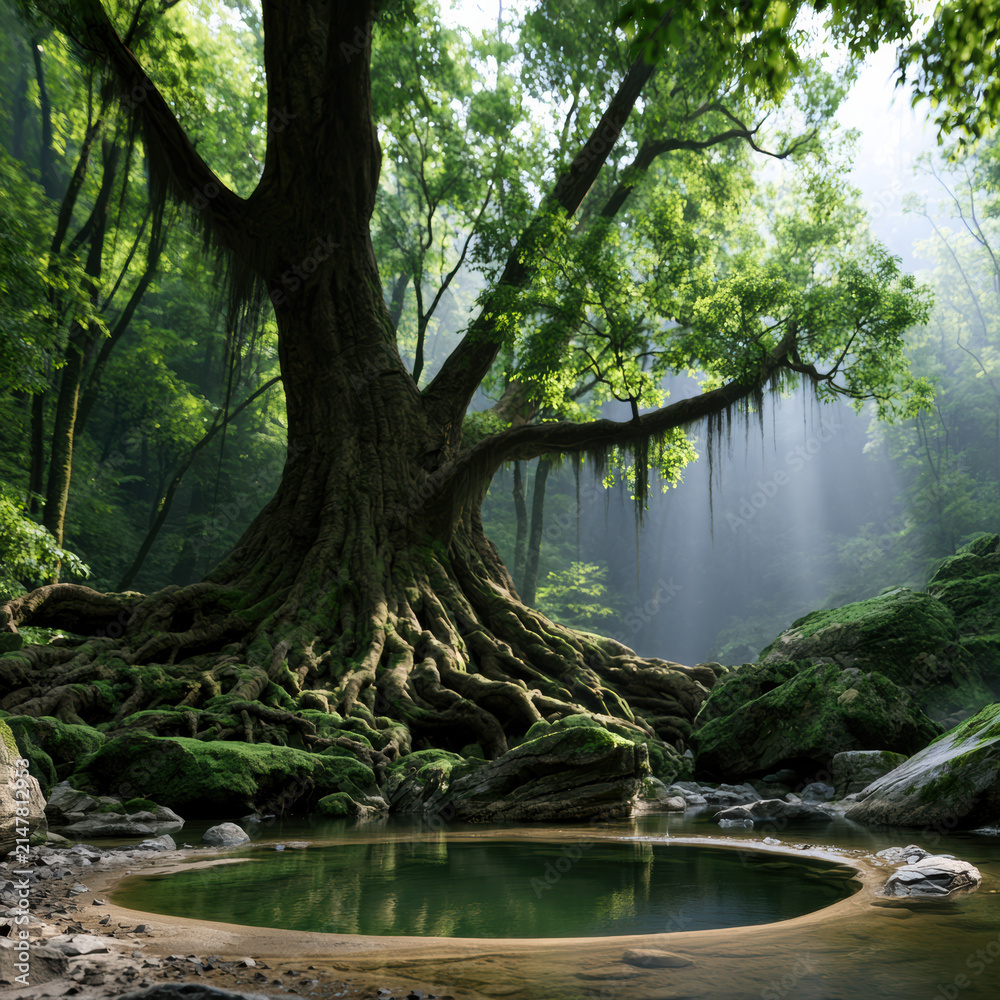 Fototapeta premium Ancient forest with massive tree, lush green foliage, sunlight rays, tranquil pond, mossy rocks, serene atmosphere, natural beauty