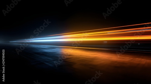 Dynamic blue and orange light trails stretching horizontally across a dark surface, creating a futuristic high-speed motion background.