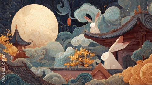 Moon rabbits on traditional temple roofs with full moon.