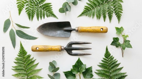 Garden trowel and fork surrounded by green ferns.