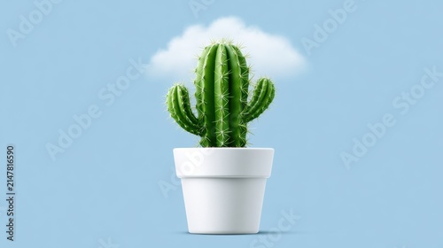 Bright green cactus in a sleek white pot set against a gentle blue backdrop featuring a fluffy cloud