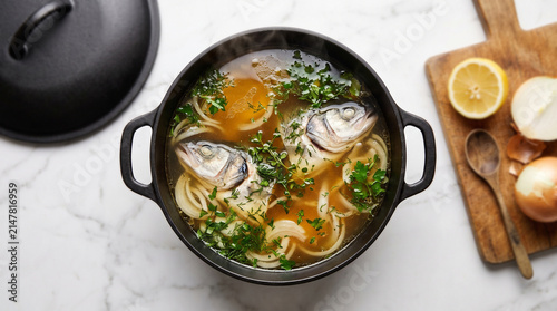 Fish soup in a cast iron pot. Homemade seafood broth with herbs and fresh vegetables.