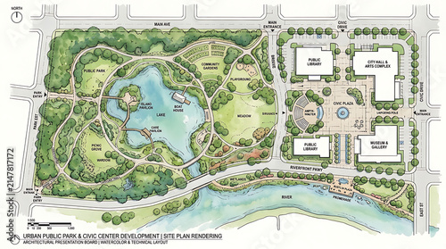 Architectural Master Plan Watercolor Rendering of Public Park with Central Lake, Boardwalks, and Green Infrastructure Layout