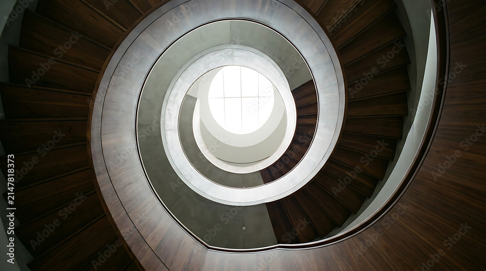 Fototapeta premium Spiral Staircase: A striking view of a modern spiral staircase, looking upwards into a bright, circular opening, emphasizing its architectural design and geometric beauty.
