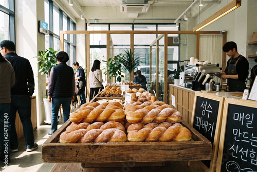 Traditional Korean Bakery Display with Twisted Doughnuts