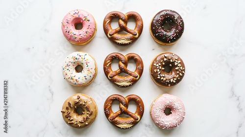 Top view of assorted gourmet donuts and pretzels