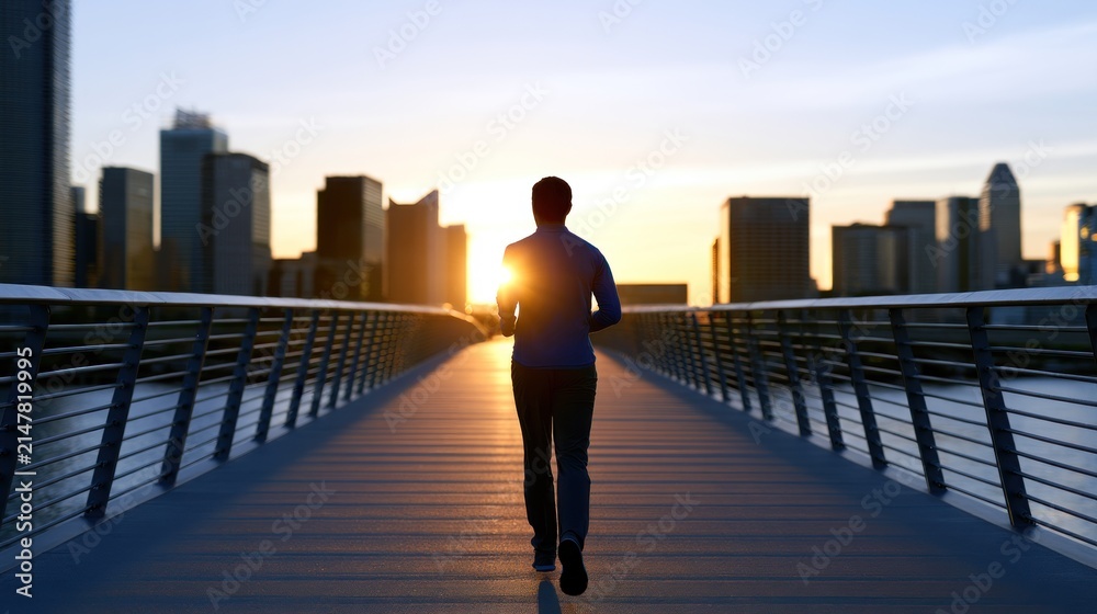 Fototapeta premium Silhouette of a person jogging on a bridge at sunrise with a cityscape backdrop