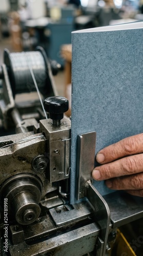 Manual Booklet Stapling and Professional Print Production in a Traditional Industrial Workshop Setting