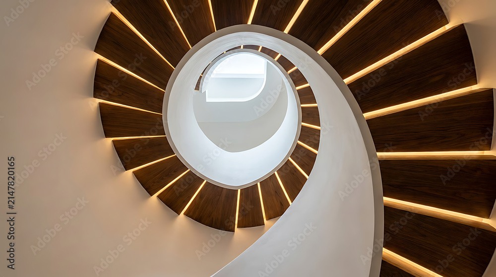Fototapeta premium Modern Spiral Staircase: An elegant spiral staircase crafted from rich, dark wood features illuminated risers, creating a mesmerizing visual effect as it ascends into the light.