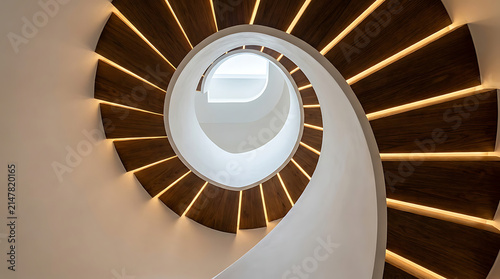 Modern Spiral Staircase: An elegant spiral staircase crafted from rich, dark wood features illuminated risers, creating a mesmerizing visual effect as it ascends into the light.