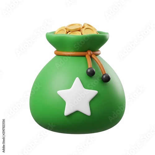 Green money bag with gold coins and star symbol investment currency isolated background