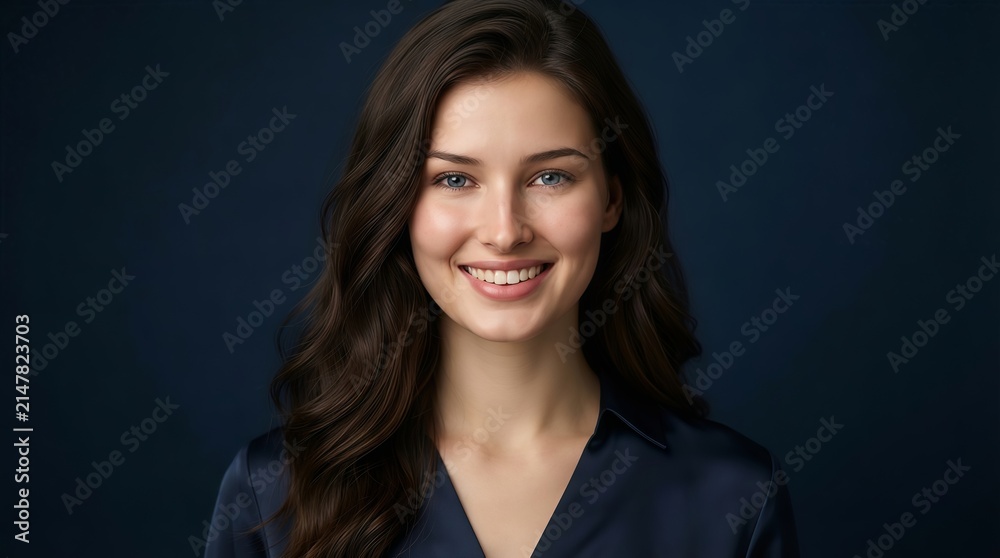 Fototapeta premium Portrait of a smiling young woman with long wavy hair