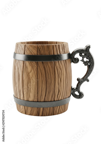 Rustic wooden beer mug with ornate metal handle and iron rings for tavern or medieval style isolated on transparent background