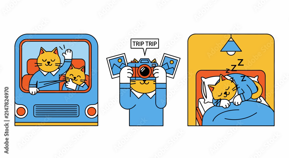 Fototapeta premium Cute cat travel journey taking photos and sleeping at home illustration