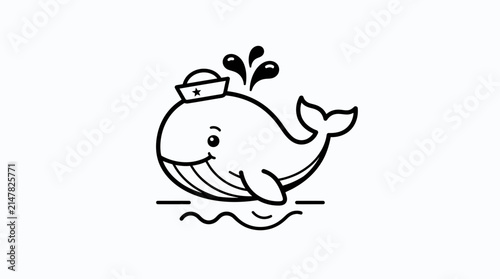 Foto Nautical sailor whale mascot wearing captain hat minimalist monochrome line art