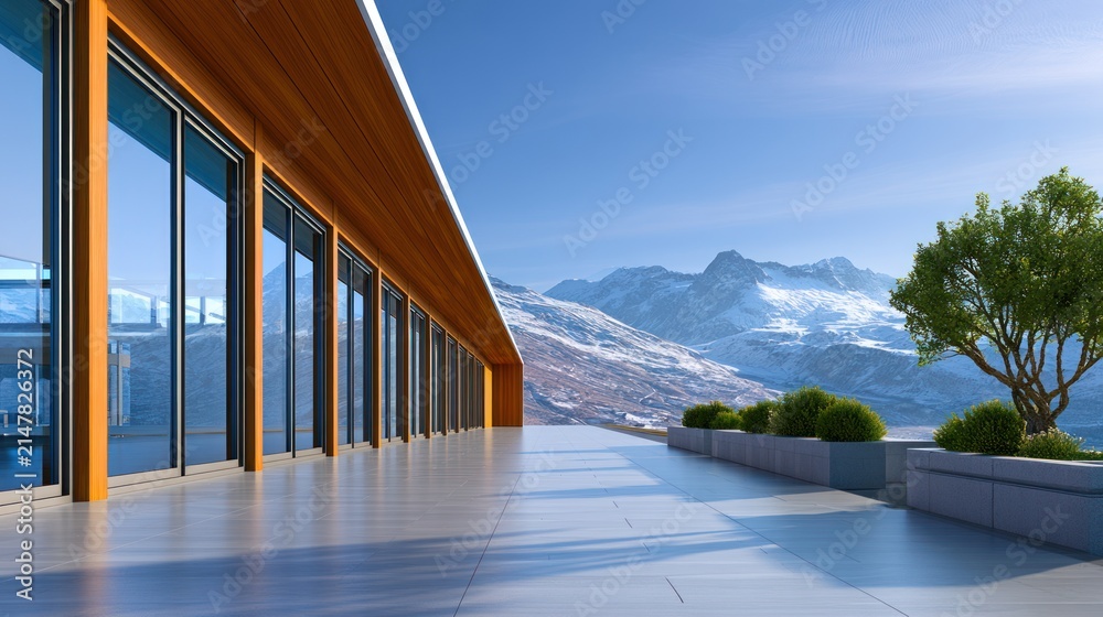 Obraz premium Modern building with glass facade overlooking snow-capped mountains and potted trees