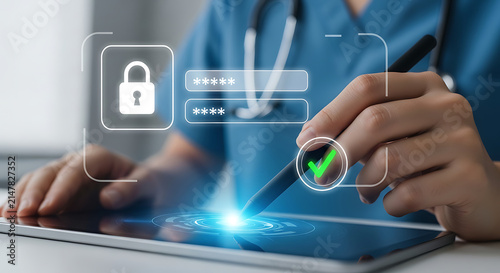 Healthcare professional logging into secure patient data system with stylus and tablet