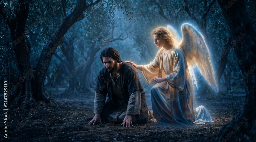 Fototapeta premium An angel appearing from heaven to strengthen Jesus during his intense agony in the Garden of Gethsemane