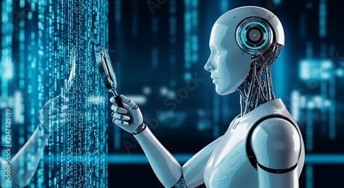 Futuristic Robot Analyzing Digital Data with Magnifying Glass AI Technology