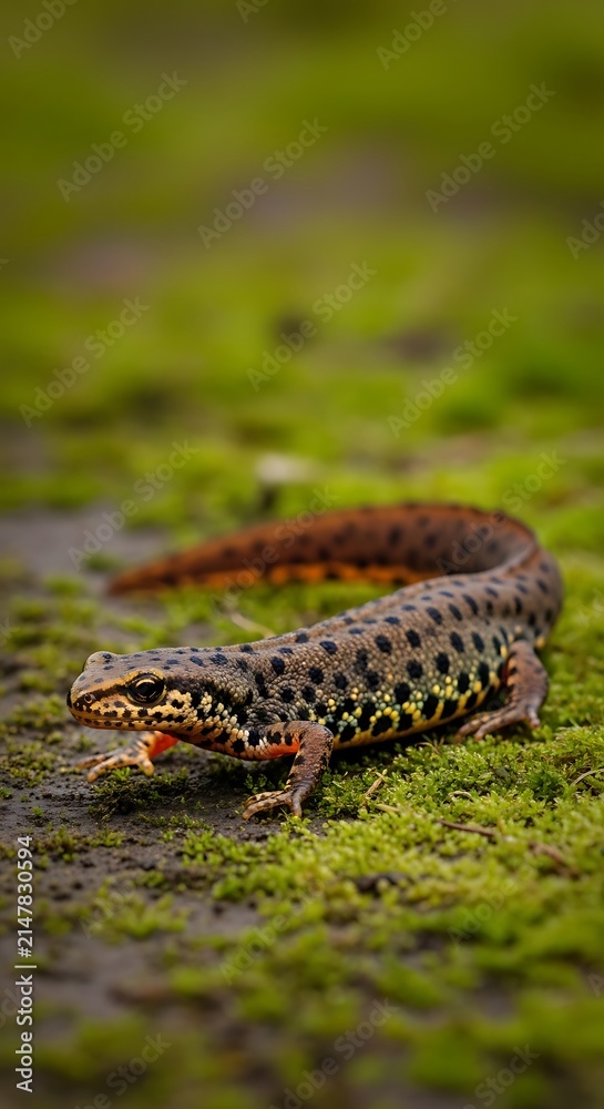 Naklejka premium Spotted newt crawling on green mossy ground
