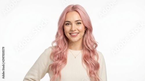 Happy young woman with long pink hair smiling at the camera and wearing a casual white top for a modern portrait isolated on white background
