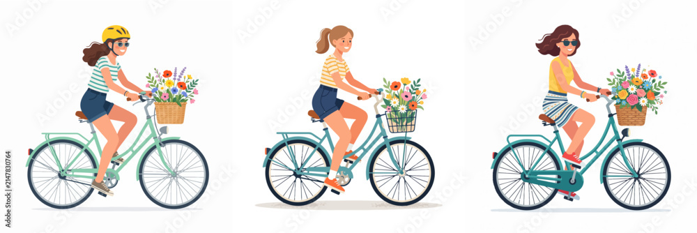 Naklejka premium Flat vector illustration of young women riding vintage bicycles with flower baskets, showcasing a healthy summer outdoor lifestyle concept