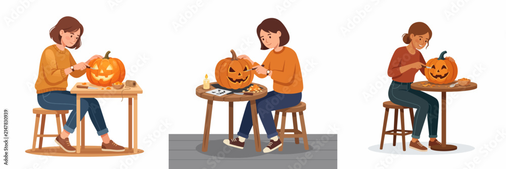 Fototapeta premium Women Carving Jack-o-Lantern Pumpkins for Halloween Celebration Preparation Scenes Collection