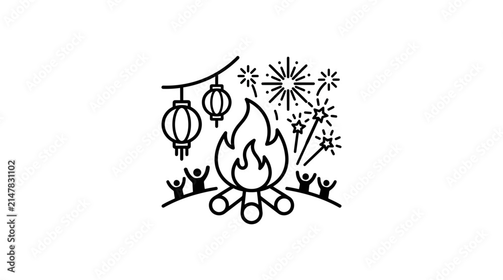 Fototapeta premium Celebration Bonfire with Lanterns and Fireworks - Line Art Icon